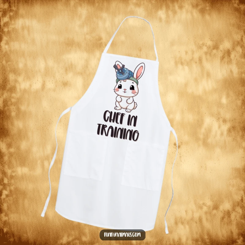 Funny Rabbit Apron showcasing a rabbit with a propeller beanie, ready to cook up some fun.