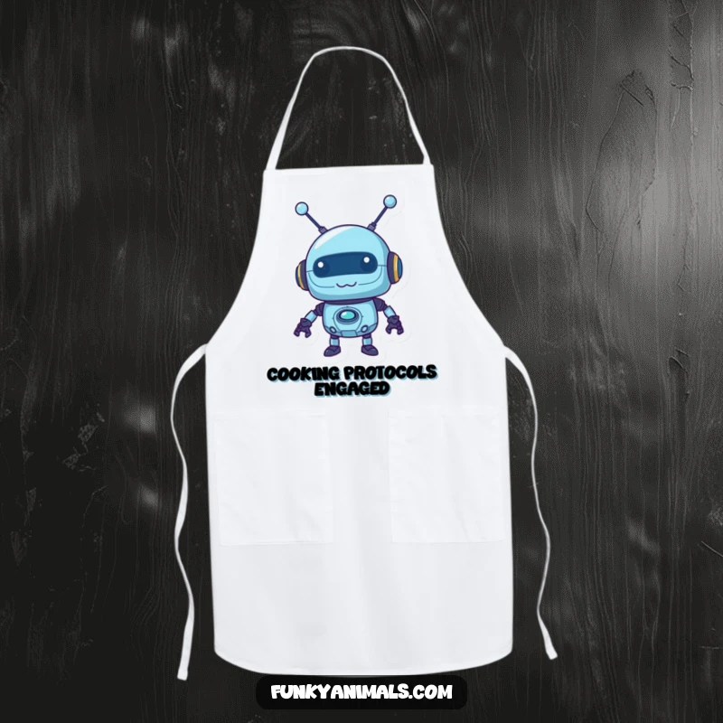 Funny blue robot apron with a mischievous robot character and wobbly antennas, perfect for humorous kitchen use.