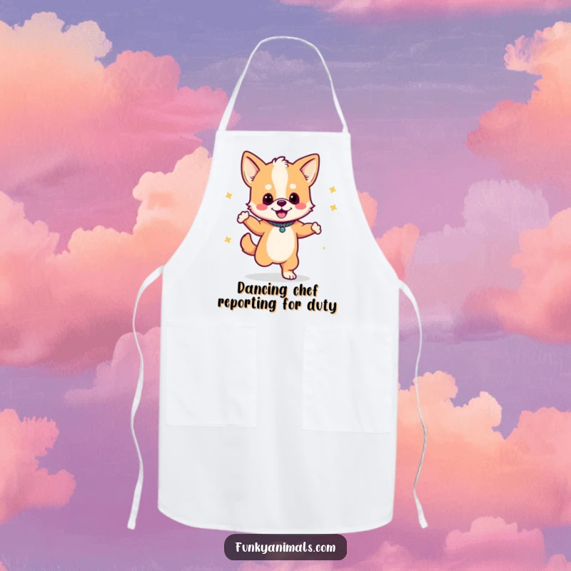 Funny apron featuring a dog cub dancing with a boombox, perfect for adding musical fun to cooking.
