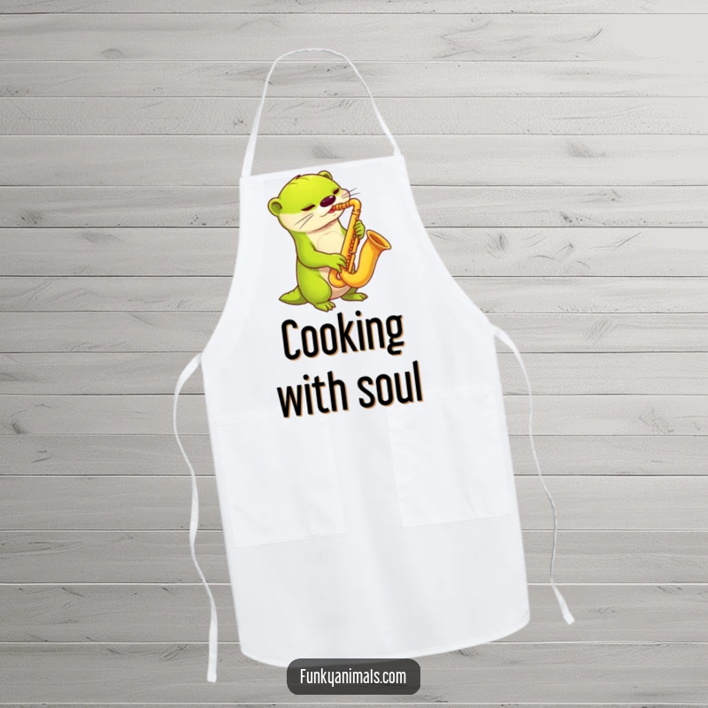 Funny alien otter saxophone apron, showing a lime green alien otter playing a funky saxophone, ready for kitchen adventures.