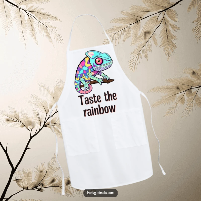 Funny chameleon apron adorned with a psychedelic pattern of rapidly changing colors, adding a vibrant touch to kitchen wear.