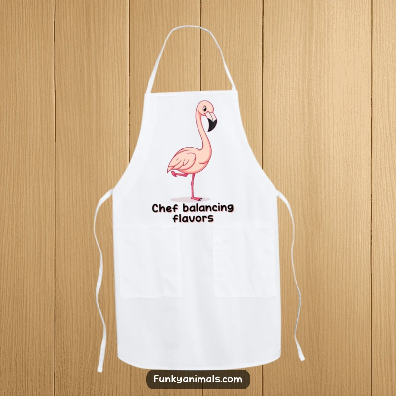 Funny flamingo striking a comical one-legged pose, perfect for a humorous cooking apron designed for stylish chefs.