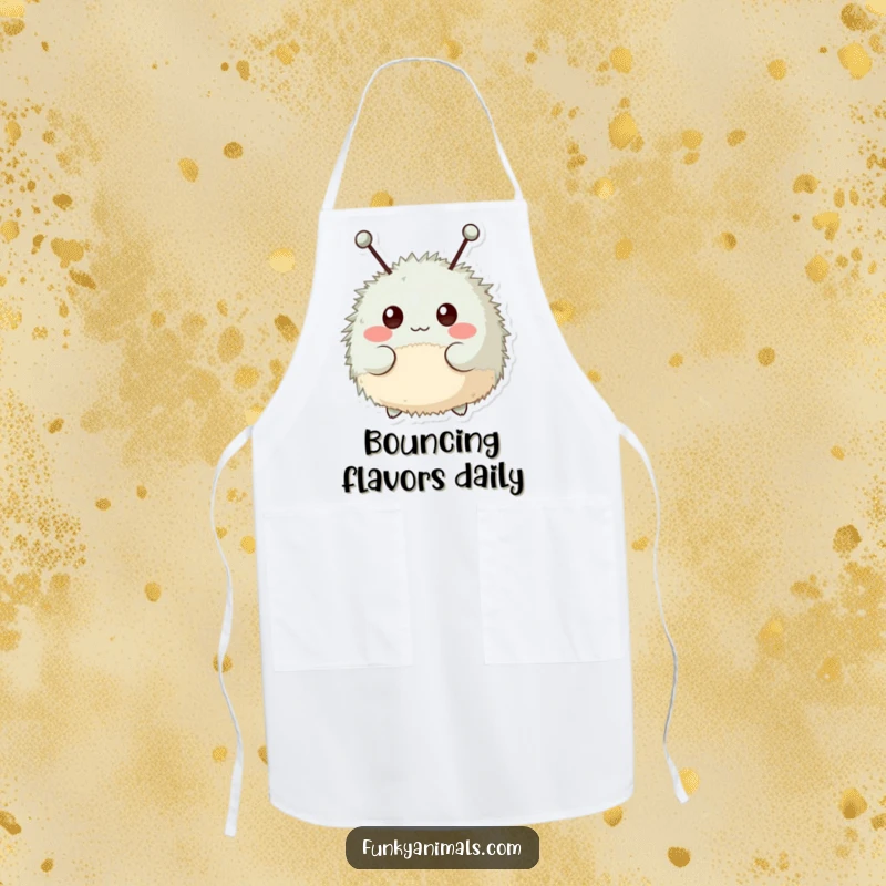 Funny apron depicting a fuzzy, round creature with antennae bopping its head rhythmically while cooking.