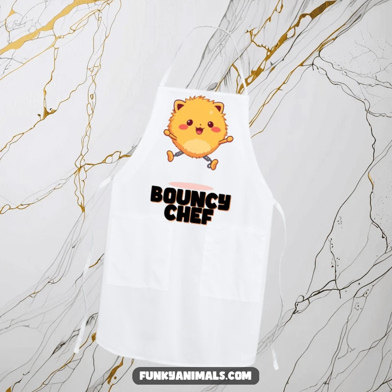Funny fuzzy orange creature apron, creature with spring legs bouncing energetically while cooking, practical and humorous.