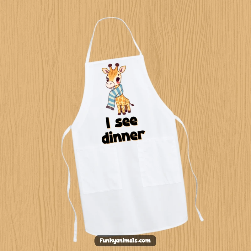 Funny giraffe apron designed with a giraffe wearing a ridiculously long, striped scarf, perfect for kitchen charm.