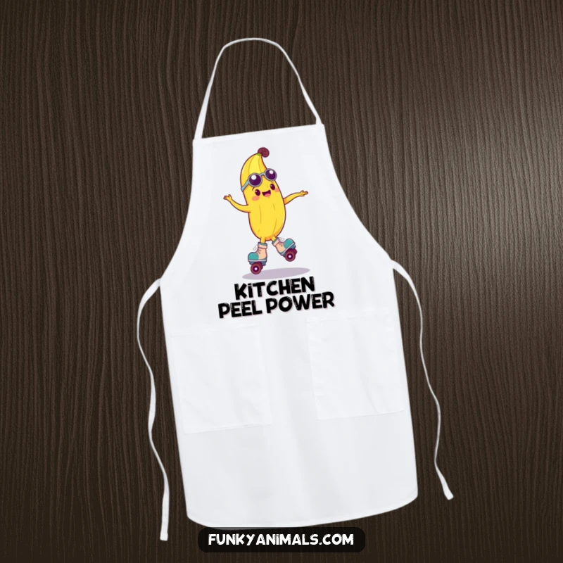 Funny apron depicting a groovy banana on roller skates, spinning with delight, ideal for kitchen use and adding humor to cooking tasks.