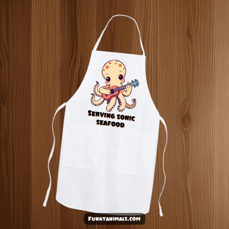 Funny groovy octopus apron, playing a tiny ukulele, one tentacle strumming, perfect for adding musical flair to kitchen duties.