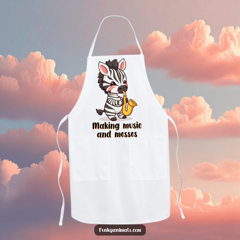 Funny apron featuring a jazzy zebra cub playing a saxophone, perfect for adding musical fun to cooking.