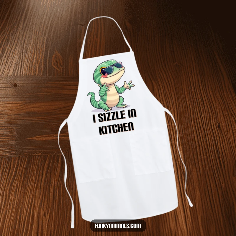 Funny lizard apron featuring a jazzy reptile with stripes, snapping its fingers to a beat, ideal for kitchen jams.
