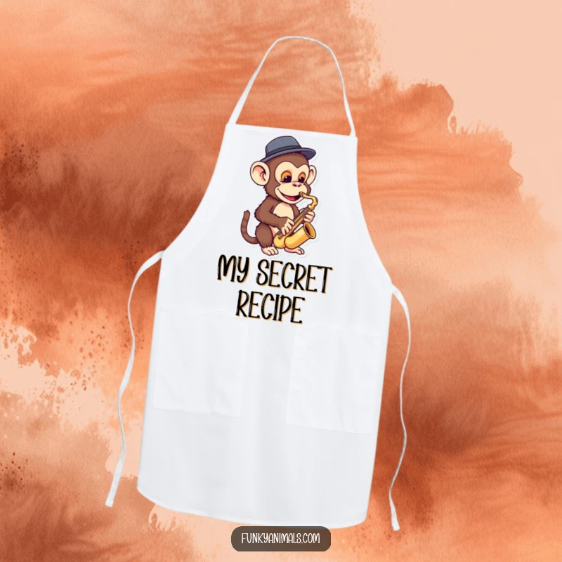Funny monkey apron featuring a funky ape in a fedora playing a miniature saxophone, ideal for kitchen jams.