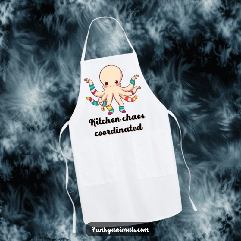 Funny octopus dancing with colorful mismatched socks, perfect for a humorous cooking apron designed for fun chefs.