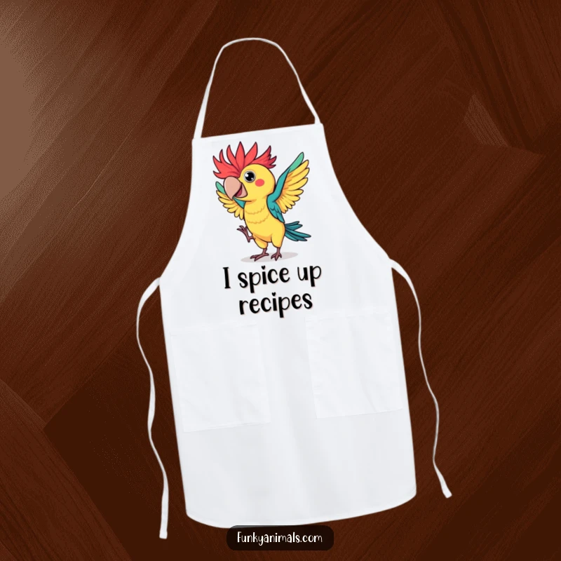 Funny parrot apron featuring a colorful bird with wild, spiky feathers in a hilarious flamboyant dance, ideal for kitchen fun.