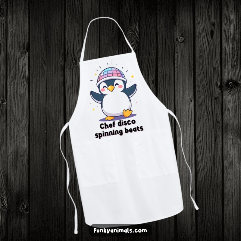Funny penguin in a sparkling disco ball helmet, enthusiastically dancing, perfect for a humorous kitchen apron.