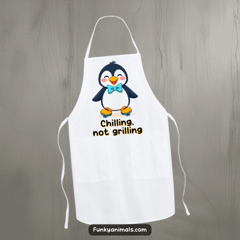 Funny goofy penguin on roller skates with a bow tie on this kitchen apron, a humorous and practical cooking accessory.