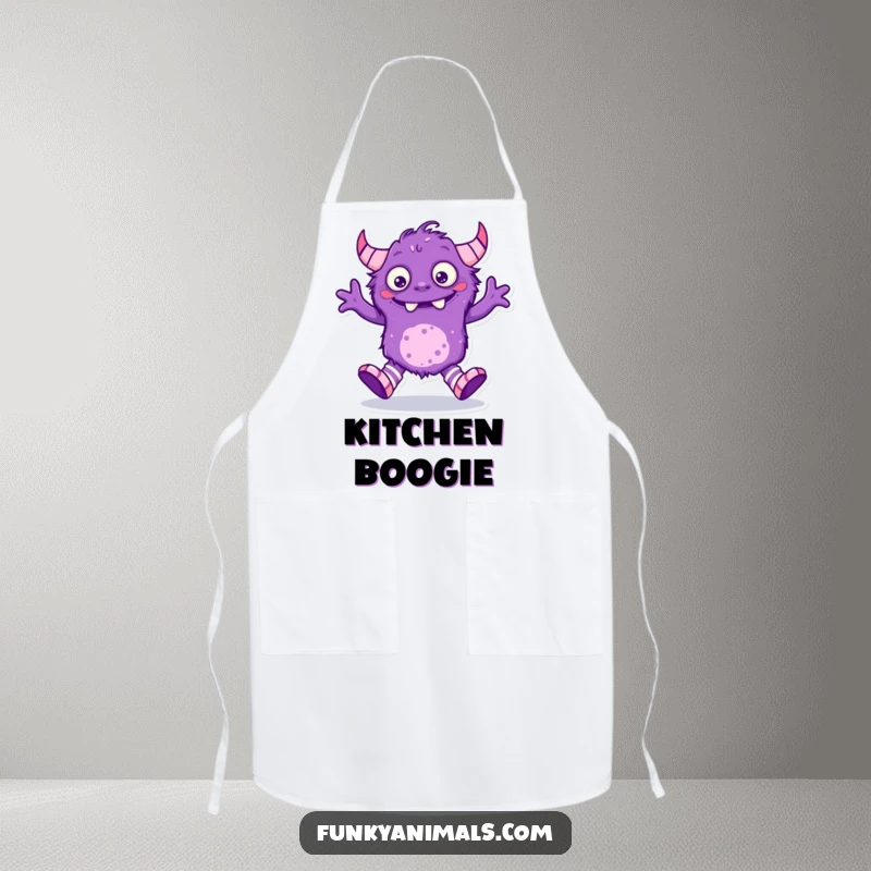Funny purple monster apron, creature with mismatched socks doing a silly dance while cooking, practical and humorous.