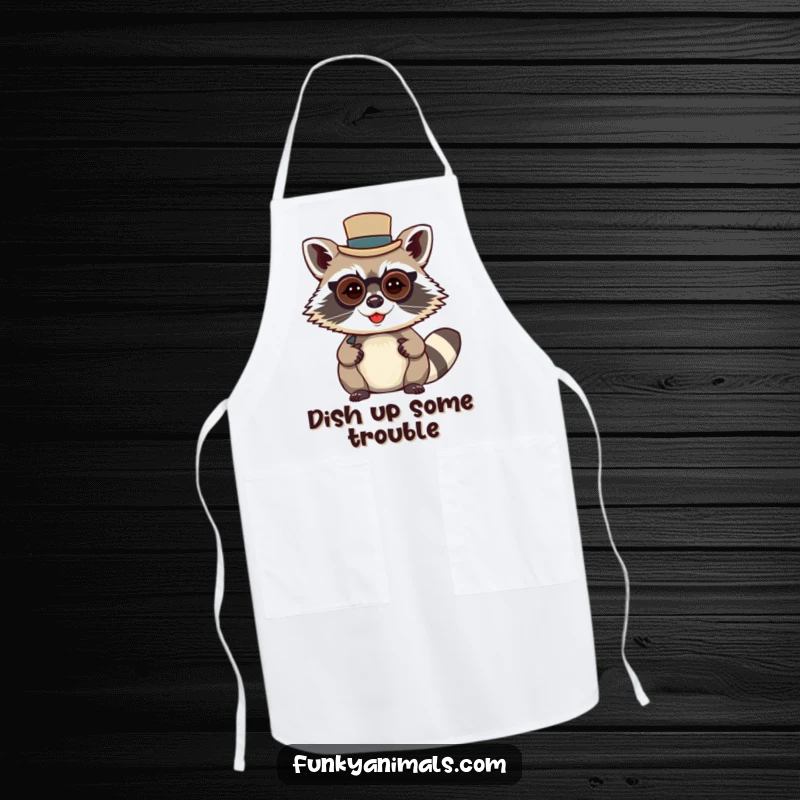 Funny raccoon gentleman apron, showing a mischievous raccoon wearing a tiny top hat and monocle, for kitchen duties.