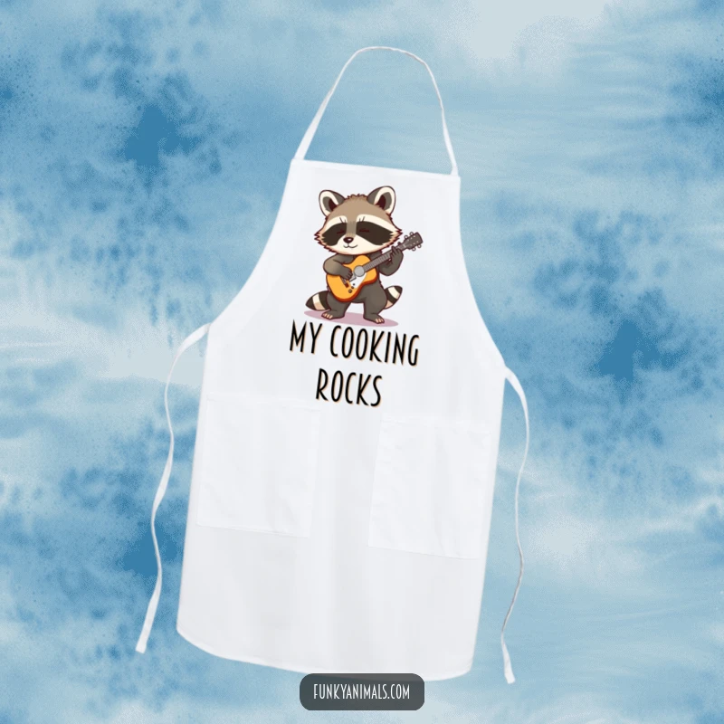 Funny Rocking Raccoon Apron: A cool raccoon cub playing a tiny guitar, designed to keep you clean with rockstar energy and kitchen humor.