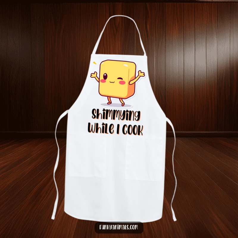 Funny apron with a colorful square block character enthusiastically doing a spontaneous shimmy while cooking.