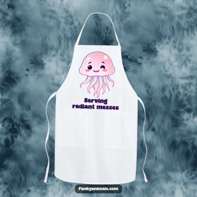 Funny sparkling jellyfish apron featuring a creature with a goofy, lopsided grin, ready to add humor to any cooking or crafting session.