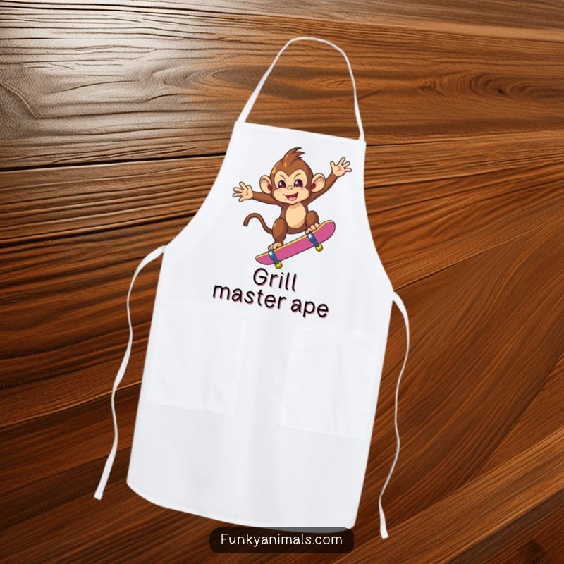 Funny apron depicting a mischievous monkey executing a skateboard trick mid-air, perfect for adding humor to kitchen activities.