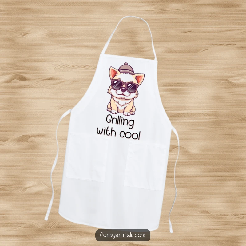 Funny dog apron designed for a quirky canine wearing sunglasses and a tiny hat, ready to assist in the kitchen with humor.