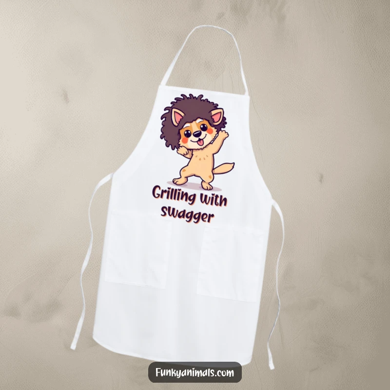 Funny dog wearing an afro wig, breakdancing with energetic moves, on a kitchen apron for cooks.