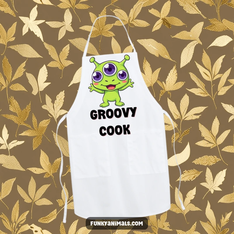 Funny green alien apron, three-eyed creature enthusiastically boogying while cooking, protecting clothes with humor.