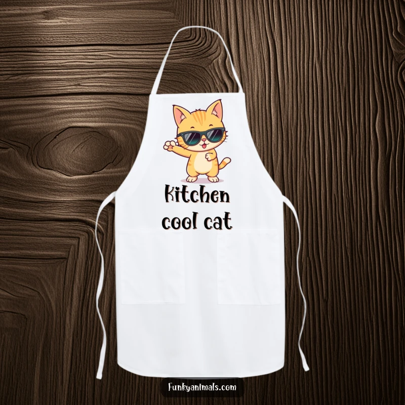 Funny cool cat in sunglasses, mid-funky dance move, printed on a durable apron for a groovy cooking experience.