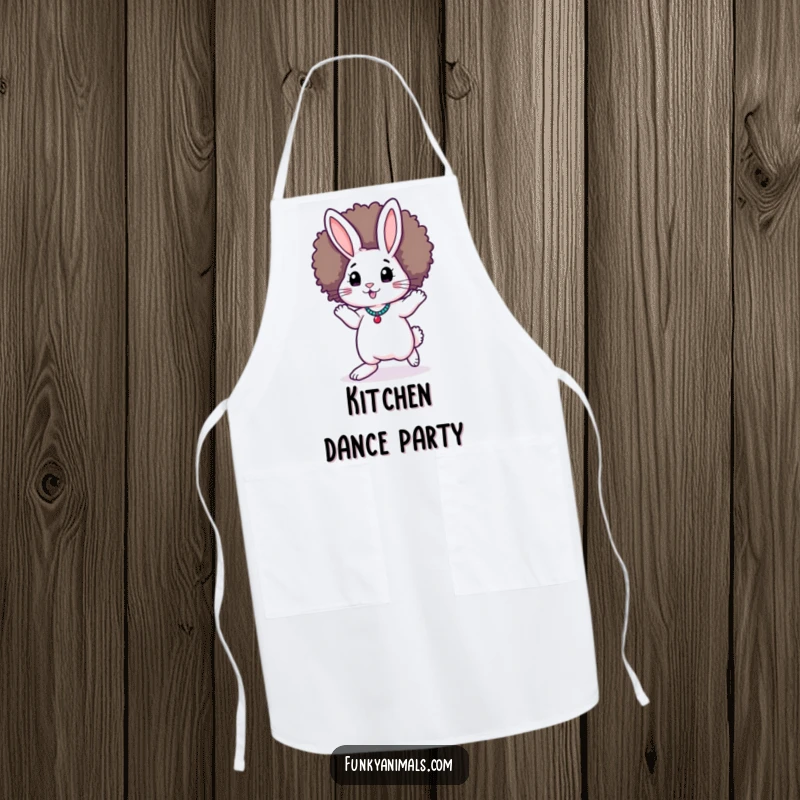 Funny Funky Rabbit Apron: A rabbit with a fantastic afro wig is doing the moonwalk, adding a fun, retro vibe to cooking.
