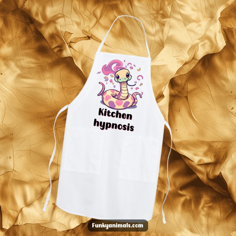 Funny Psychedelic Snake Apron adorned with trippy, swirling patterns, showcasing a groovy snake ready to add humor to cooking.