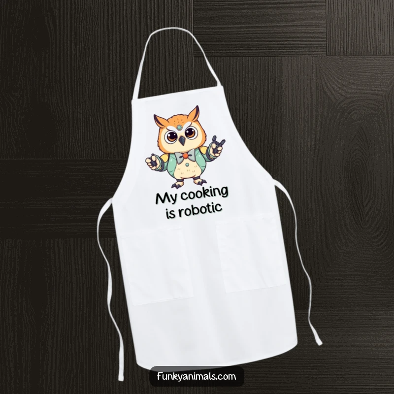 Funny Robot Owl Cub Apron: A stylish owl cub wearing a bowtie, doing the robot dance, ready to protect your clothes with mechanical charm and humor.
