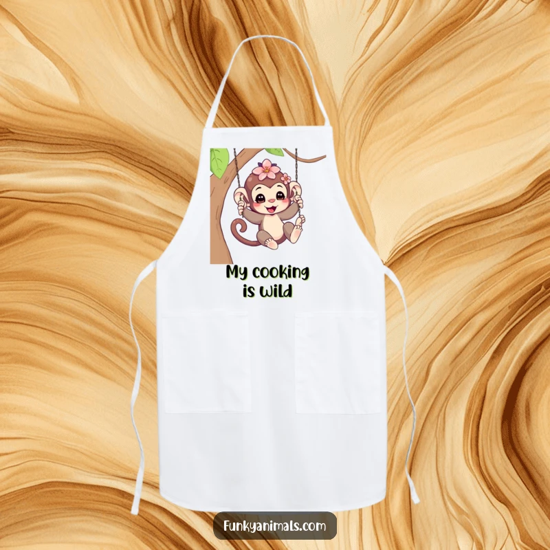 Funny Swinging Monkey Cub Apron: A cheerful monkey cub swinging with a flower in its hair, designed to keep you clean with a humorous and charming flair.