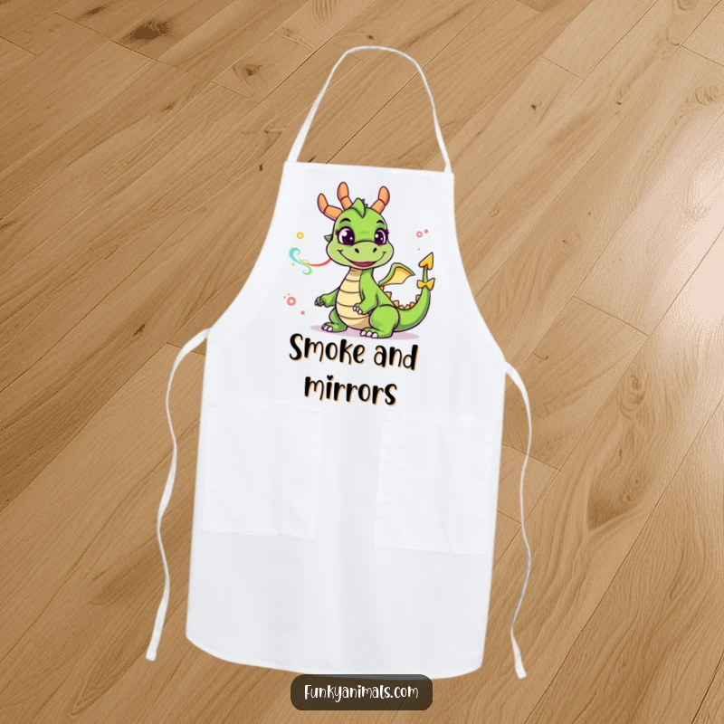 Funny green dragon apron featuring a goofy smiling dragon blowing colorful smoke rings, ideal for kitchen humor and gifting.