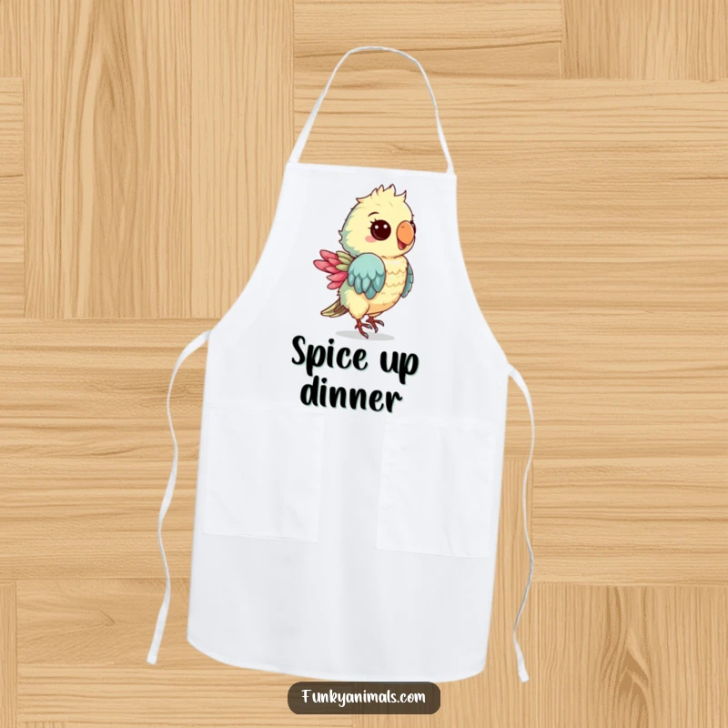 Funny apron with a groovy parrot cub dancing, perfect for adding humor and tropical flair to kitchen activities.