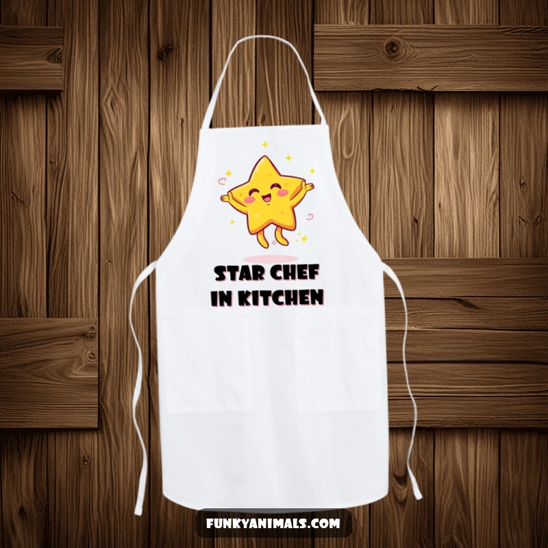 Funny apron showing a bright yellow star character with swirling arms dancing energetically, perfect for a humorous and practical kitchen accessory.