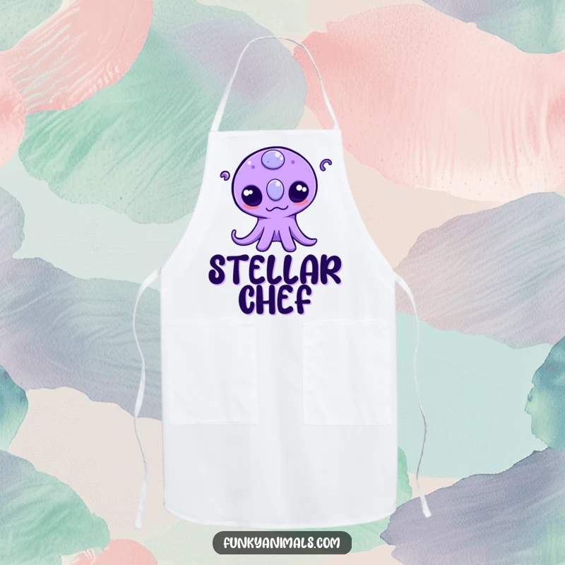 Funny apron featuring a purple alien with three eyes wiggling its tentacles, perfect for adding fun and protection in the kitchen.