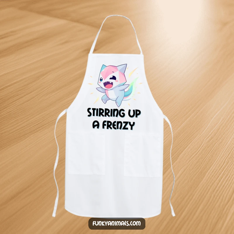 Funny Geometric Creature Apron showing a spinning, glowing geometric alien, ready for kitchen fun.