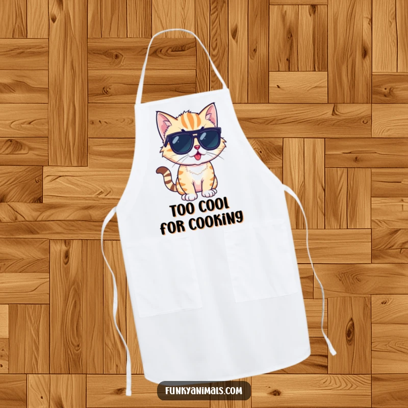 Funny apron featuring a cool cat cub wearing sunglasses, striking a confident and funky pose in the kitchen.