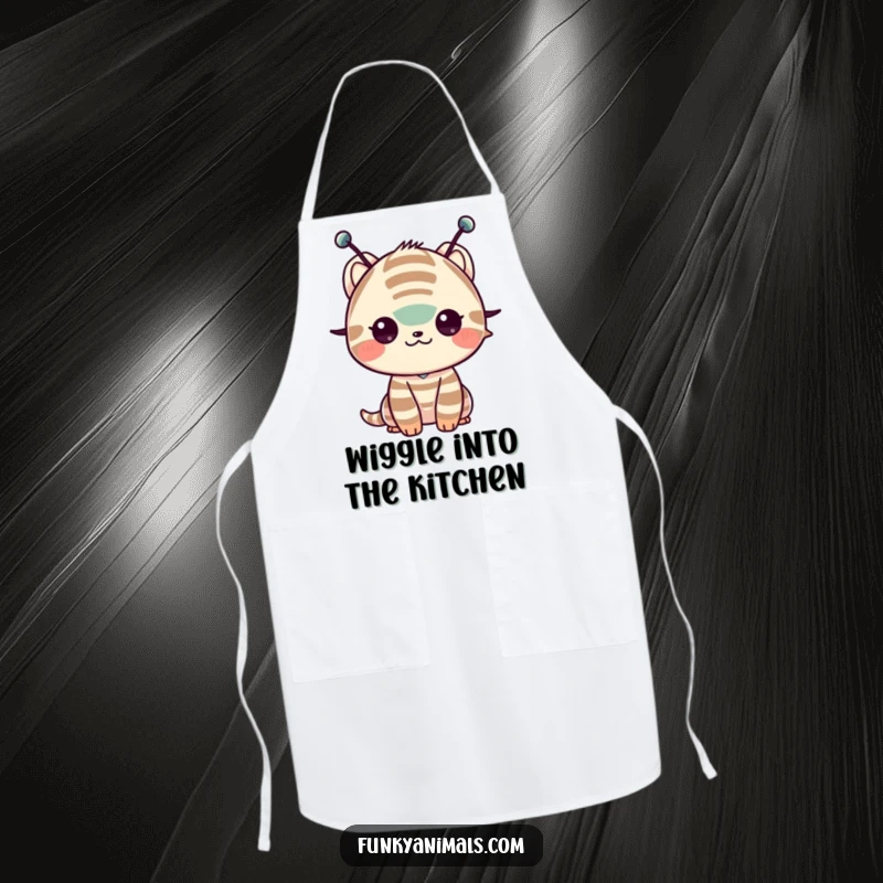 Funny apron featuring a striped creature with antennae doing a shoulder shimmy, perfect for a humorous cooking experience.