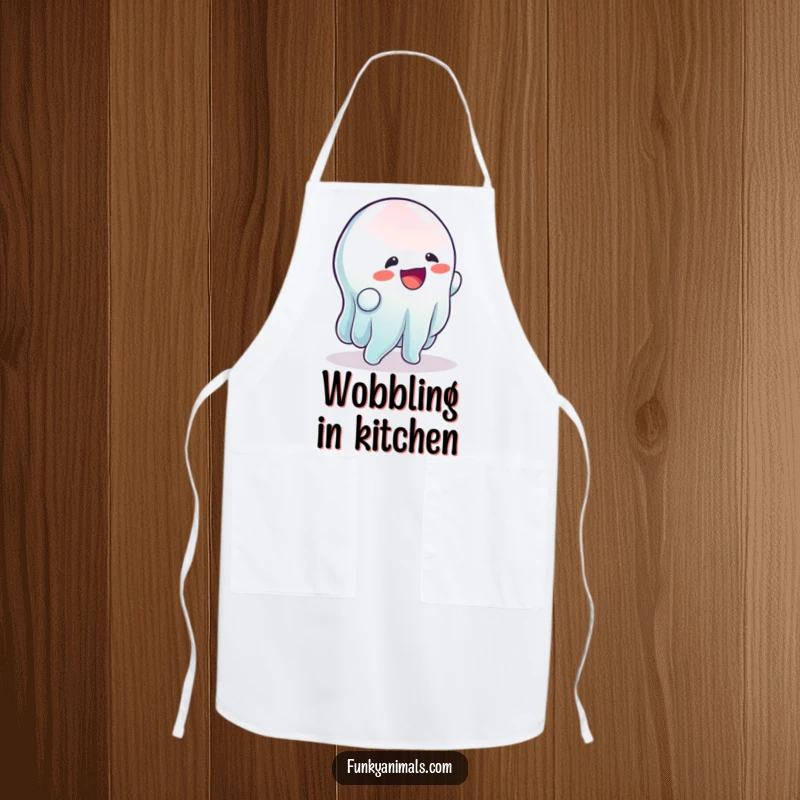 Funny apron featuring a wobbly, gelatinous creature doing a rhythmic wobble, perfect for a humorous and functional kitchen experience.