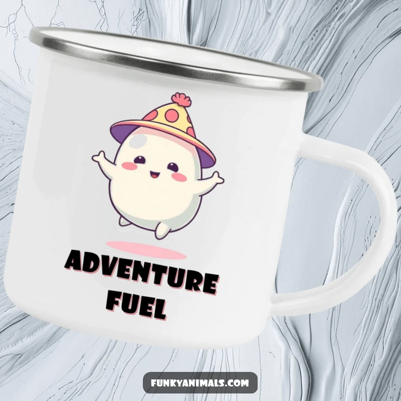 Funny abstract blob creature in a funky hat, bouncing energetically, on a sturdy camping mug, ready for outdoor escapades and smiles.