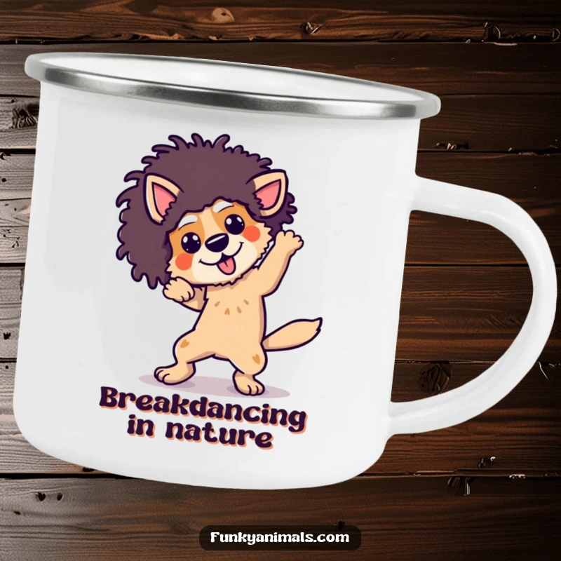 Funny dog wearing an afro wig, breakdancing with energetic moves, on a sturdy enamel camping mug.