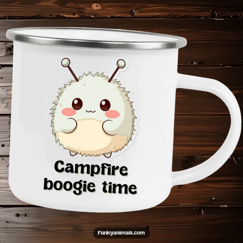 Funny camping mug with a fuzzy, round creature with antennae bopping rhythmically, ready for outdoor fun.