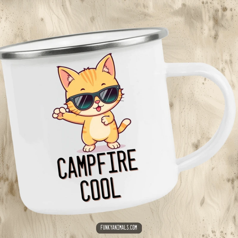 Funny cool cat in sunglasses, busting a funky dance move, durable camping mug for outdoor adventures.