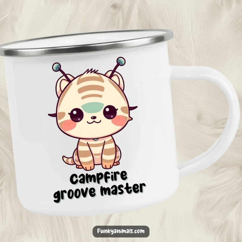 Funny camping mug showing a striped creature with antennae shimming its shoulders, perfect for outdoor laughs and warm drinks.