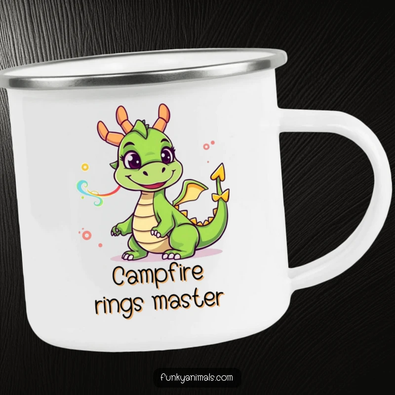 Funny green dragon camping mug with a goofy smile, exhaling colorful smoke rings, great for outdoor humor and adventures.