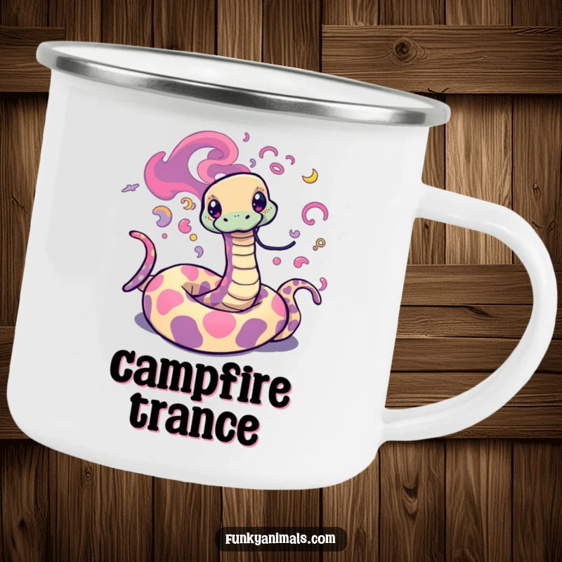 Funny Psychedelic Snake Camping Mug featuring a trippy snake with hypnotic, swirling patterns, ready for outdoor adventures.