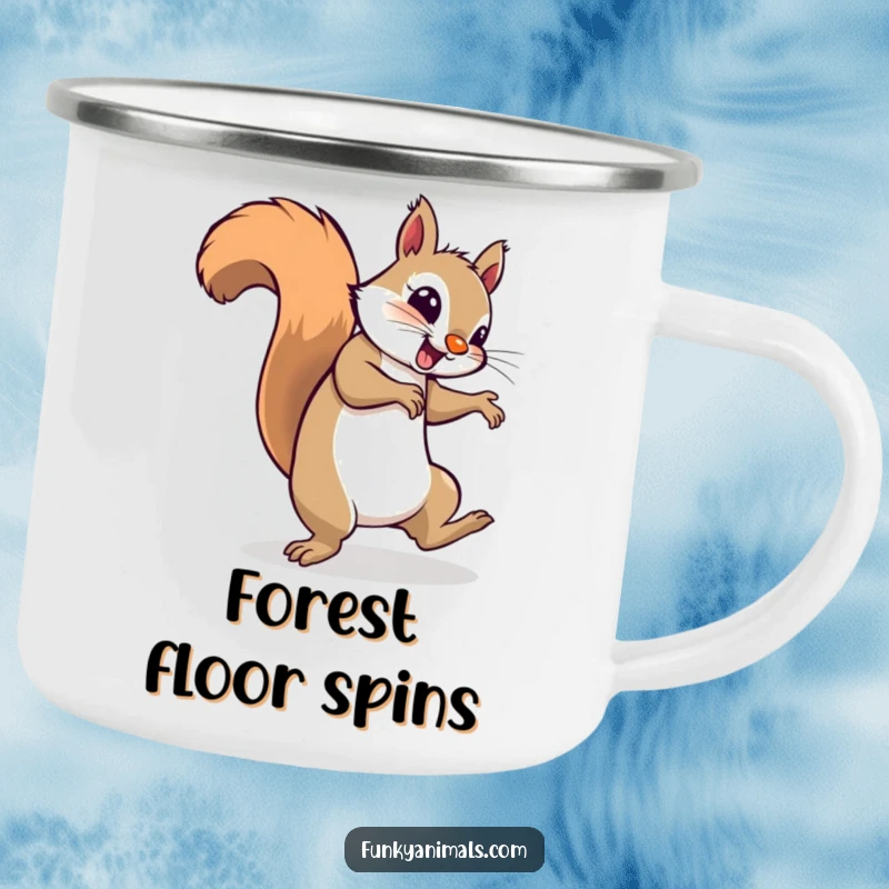 Funny squirrel breakdancing and spinning on its tail, looking groovy, on a rugged camping mug for energetic excursions.