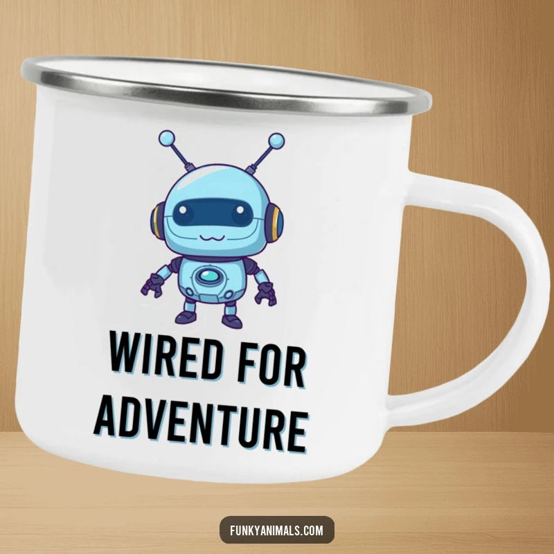 Funny blue robot camping mug with a mischievous robot and wobbly antennas, perfect for humorous outdoor tech enthusiasts.