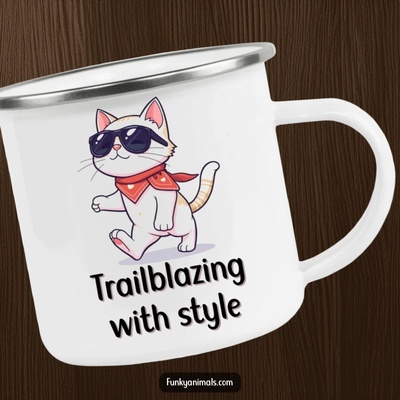 Funny cat camping mug featuring a cool cat with sunglasses and bandana, moonwalking on four paws, perfect for rugged, stylish fun.